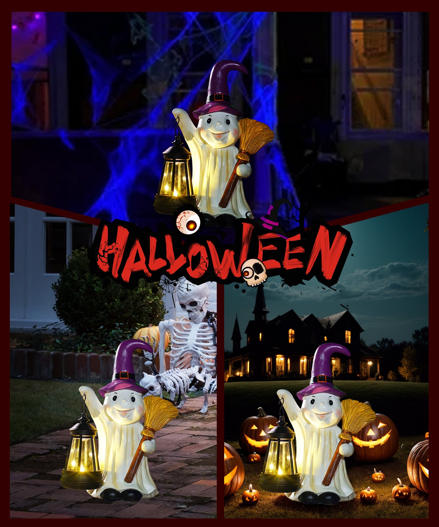 Nacome Halloween Cute Ghost with Solar Lantern: Scary Figurine Spooky Decoration for Garden Outdoor, Holiday, Party, Indoor, Office,Dinner Table - Adorable Gift Ideal Choice