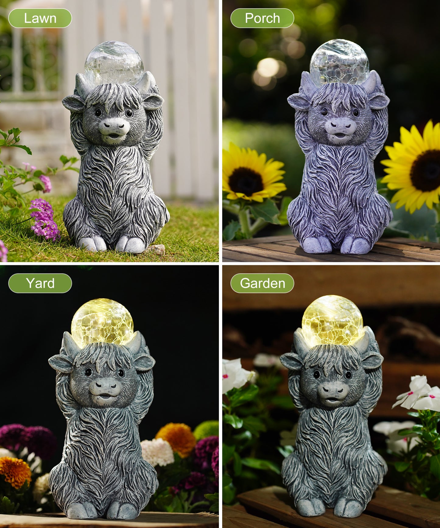 Nacome Solar Highland Cow Garden Decor - Outdoor Statues with Bubble Ball Balcony Lown Patio Porch Sculptures Front Yard Art for Outside - Birthday Gifts for Mom Grandma Women(Grey)