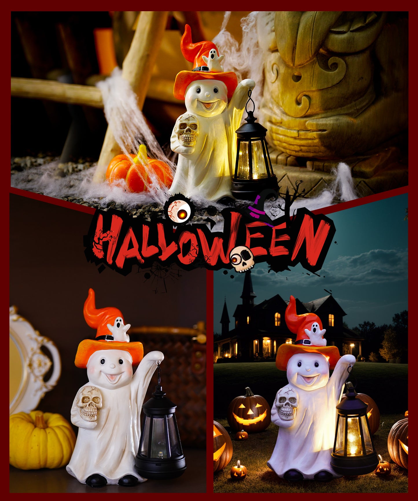 Nacome Halloween Cute Ghost with Solar Lantern: Scary Figurine Spooky Decoration for Garden Outdoor, Holiday, Party, Indoor, Office,Dinner Table - Adorable Gift Ideal Choice