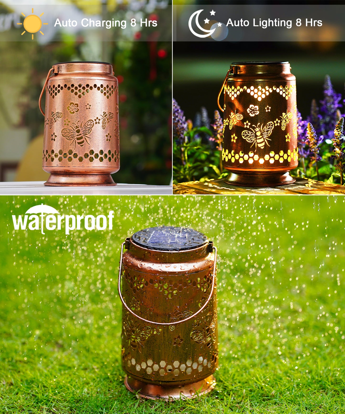 Nacome Bee Solar Lantern for Garden Decor: Waterproof Hanging Metal Decoration with LED Lights for Yard Lawn Porch Patio Landscape Pathway