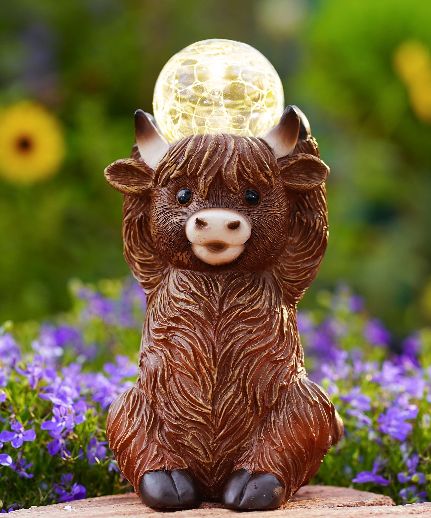 Nacome Solar Highland Cow Garden Decor - Outdoor Statues with Bubble Ball Balcony Lown Patio Porch Sculptures Front Yard Art for Outside - Birthday Gifts for Mom Grandma Women(Brown)