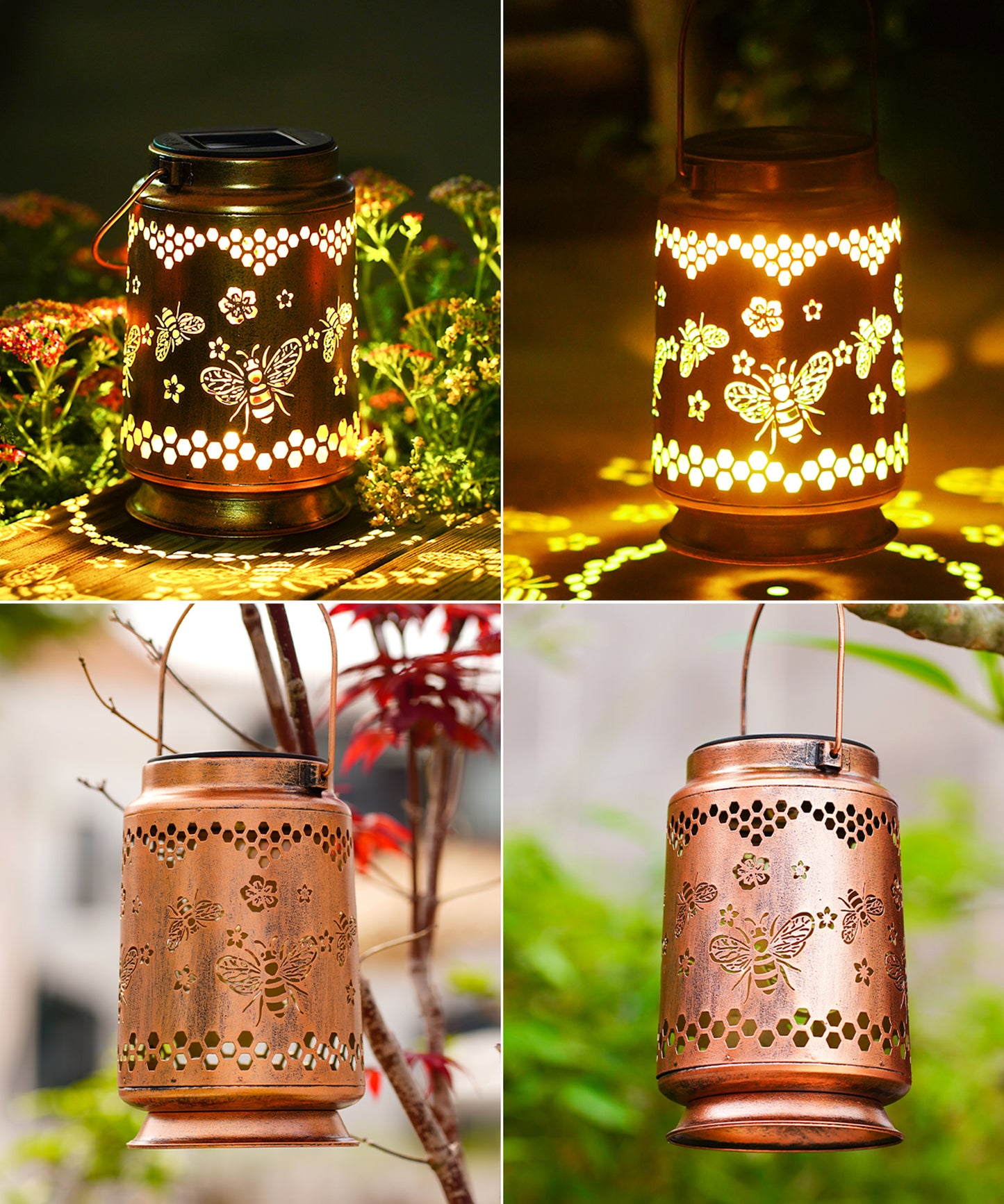 Nacome Bee Solar Lantern for Garden Decor: Waterproof Hanging Metal Decoration with LED Lights for Yard Lawn Porch Patio Landscape Pathway