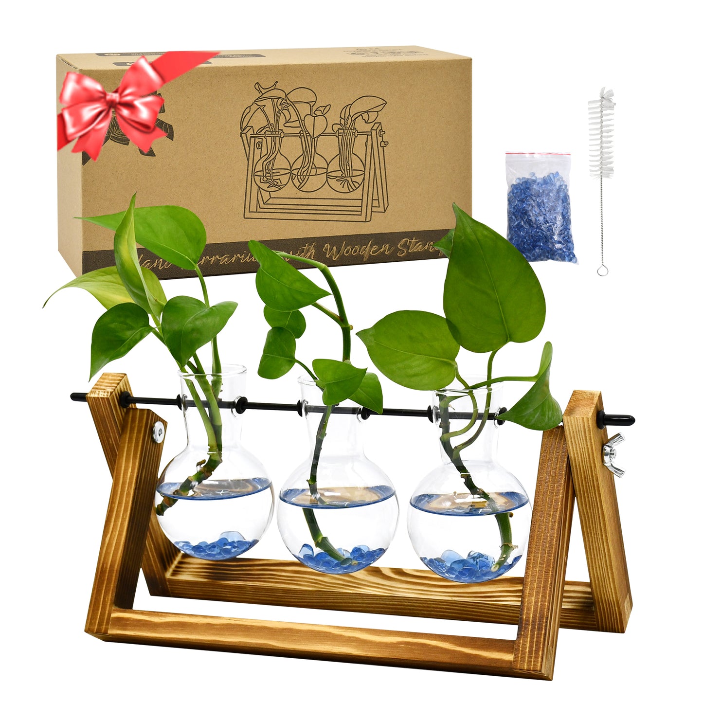 Nacome Plant Terrarium for Office Decor: Wooden Stand Tabletop Planter 3 Bulb Glass Vase Metal Swivel Holder for Hydroponics Home Garden Decor - Planter Lovers Birthday Gifts for Women Mom Grandma