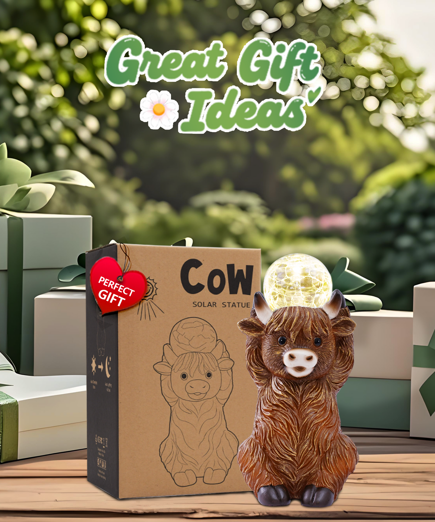 Nacome Solar Highland Cow Garden Decor - Outdoor Statues with Bubble Ball Balcony Lown Patio Porch Sculptures Front Yard Art for Outside - Birthday Gifts for Mom Grandma Women(Brown)