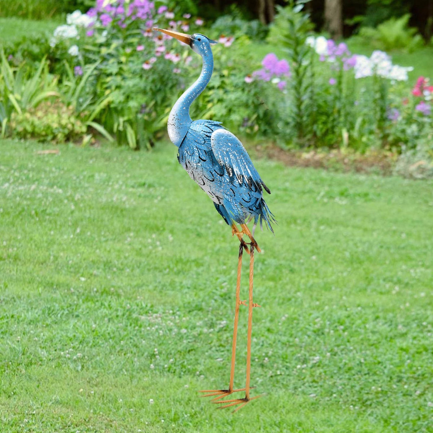 Nacome Large Standing Blue Metal Crane Garden Statue: Indoor Outdoor Heron Animal Sculpture for Patio Backyard Porch Yard Bird Art Lawn Decor - 36.6inch Gifts for Grandma Mom