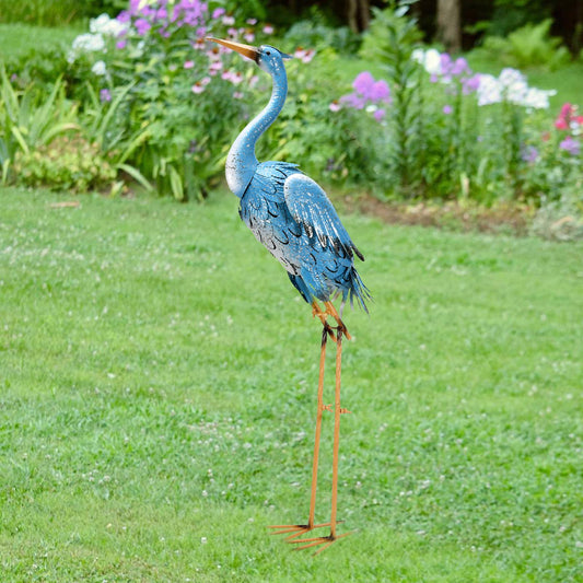 Nacome Large Standing Blue Metal Crane Garden Statue: Indoor Outdoor Heron Animal Sculpture for Patio Backyard Porch Yard Bird Art Lawn Decor - 36.6inch Gifts for Grandma Mom