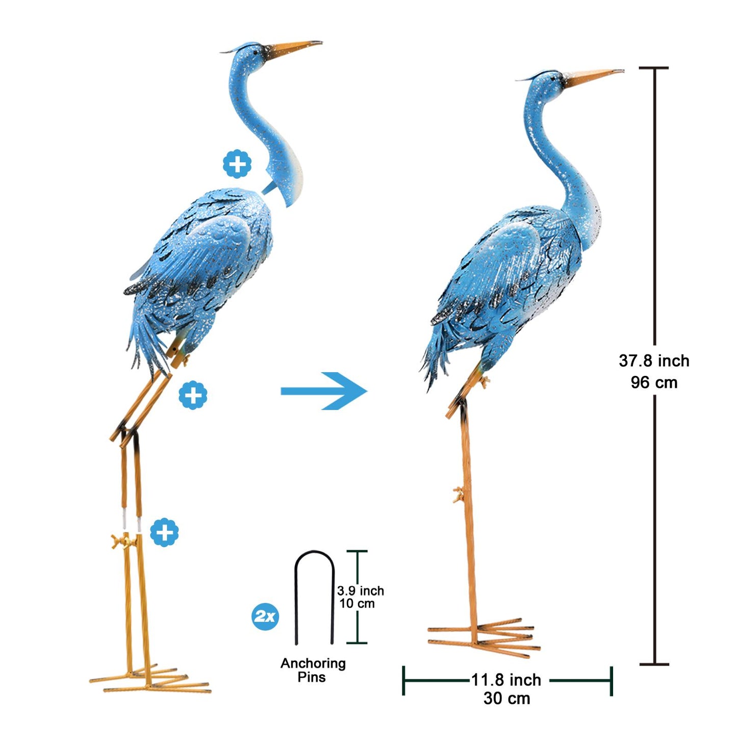 Nacome Large Standing Blue Metal Crane Garden Statue: Indoor Outdoor Heron Animal Sculpture for Patio Backyard Porch Yard Bird Art Lawn Decor - 36.6inch Gifts for Grandma Mom