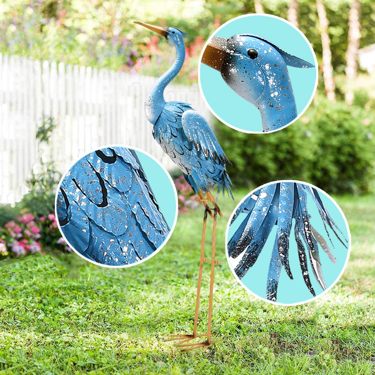 Nacome Large Standing Blue Metal Crane Garden Statue: Indoor Outdoor Heron Animal Sculpture for Patio Backyard Porch Yard Bird Art Lawn Decor - 36.6inch Gifts for Grandma Mom