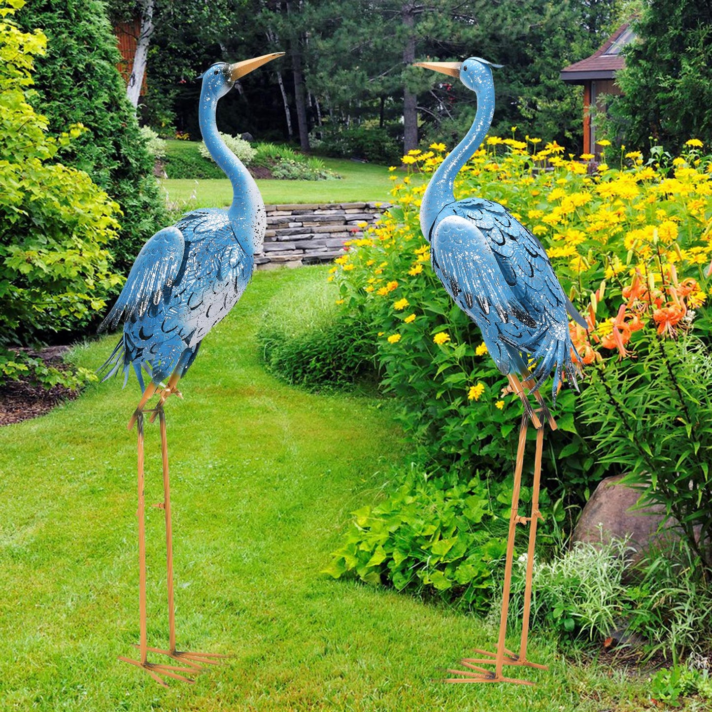 Nacome Large Standing Blue Metal Crane Garden Statue: Indoor Outdoor Heron Animal Sculpture for Patio Backyard Porch Yard Bird Art Lawn Decor - 36.6inch Gifts for Grandma Mom
