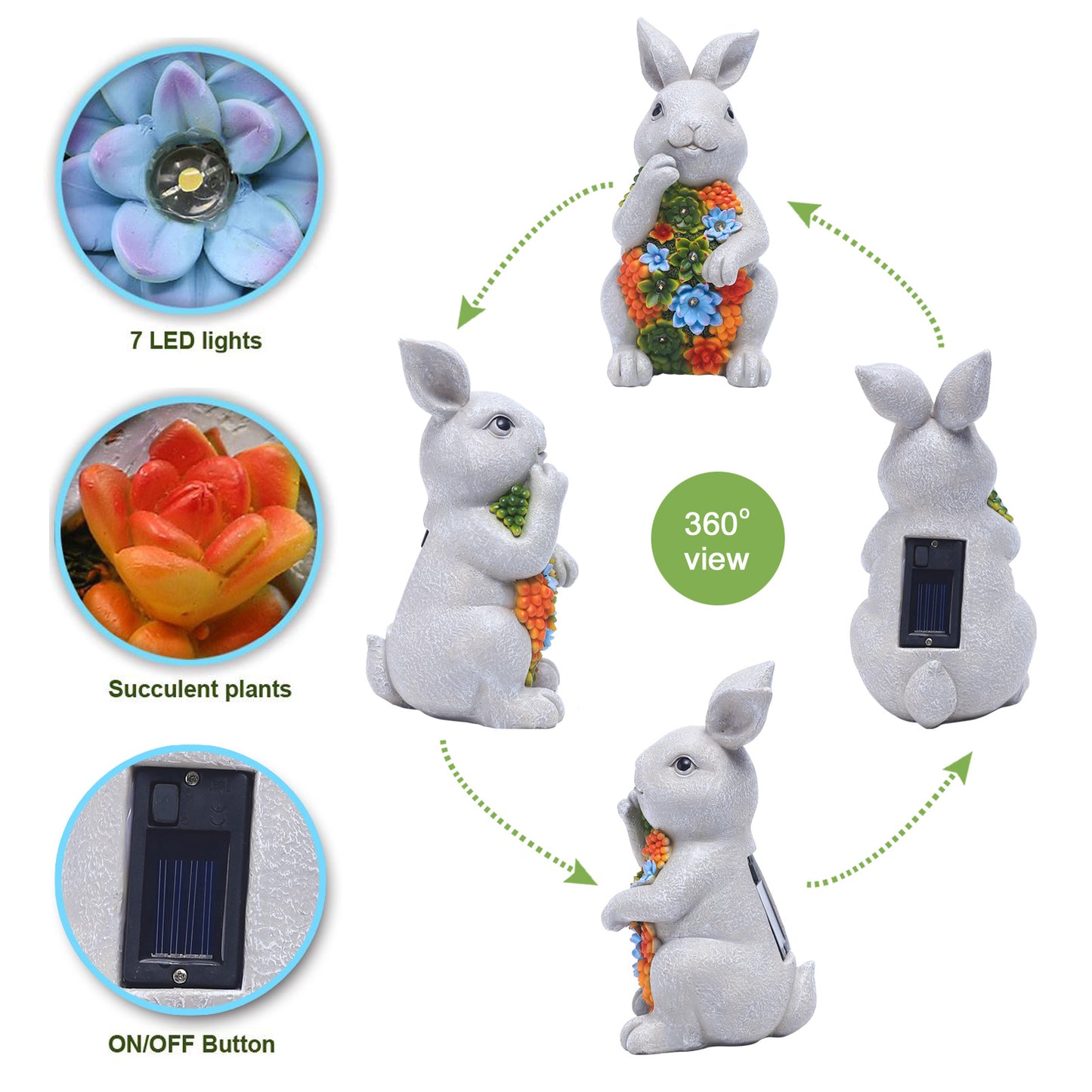 Nacome Solar Garden Outdoor Statues Bunny with Succulent and 7 LED Lights – Outdoor Lawn Decor Garden Rabbit Statue for Patio, Balcony, Yard, Lawn Ornament - Unique Housewarming Gifts