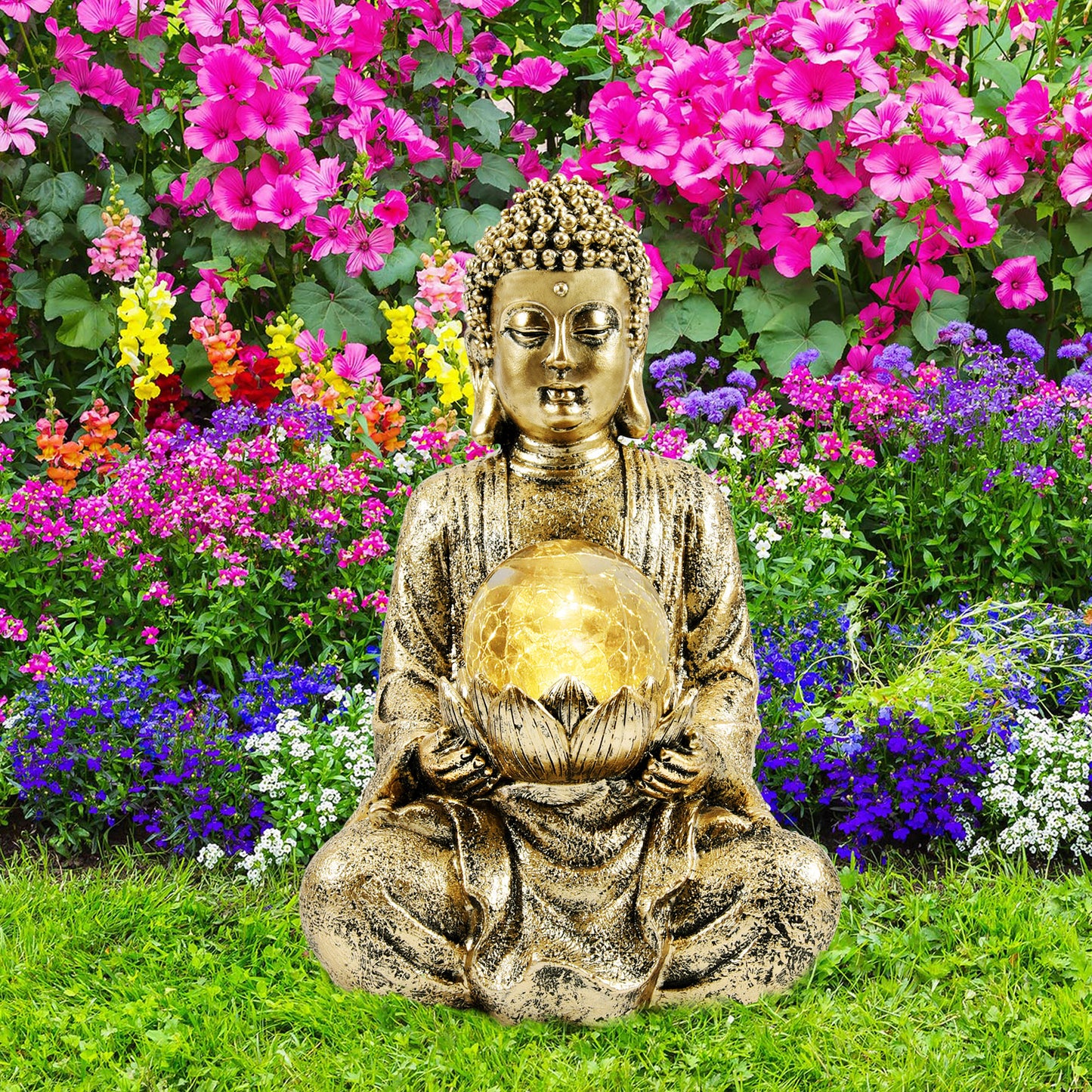 Nacome Meditating Buddha Statue with Solar Light,Zen Solar Garden Buddha with Cracked Glass Ball Sculpture-Indoor/Outdoor Decor for Balcony,Garden,Patio,Porch Yard Art Ornament,10.5 inch(Gold)