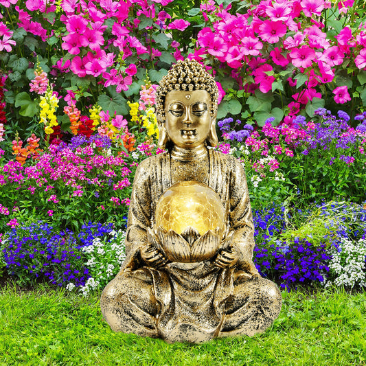 Nacome Meditating Buddha Statue with Solar Light,Zen Solar Garden Buddha with Cracked Glass Ball Sculpture-Indoor/Outdoor Decor for Balcony,Garden,Patio,Porch Yard Art Ornament,10.5 inch(Gold)