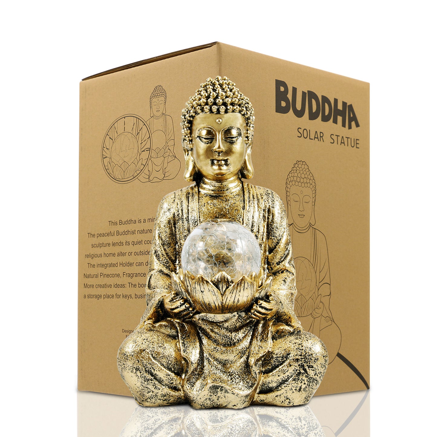 Nacome Meditating Buddha Statue with Solar Light,Zen Solar Garden Buddha with Cracked Glass Ball Sculpture-Indoor/Outdoor Decor for Balcony,Garden,Patio,Porch Yard Art Ornament,10.5 inch(Gold)