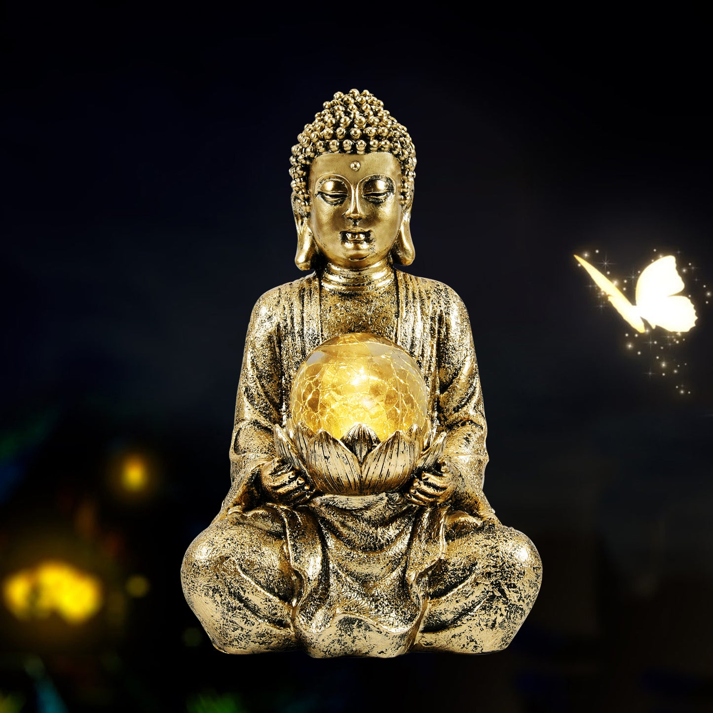 Nacome Meditating Buddha Statue with Solar Light,Zen Solar Garden Buddha with Cracked Glass Ball Sculpture-Indoor/Outdoor Decor for Balcony,Garden,Patio,Porch Yard Art Ornament,10.5 inch(Gold)