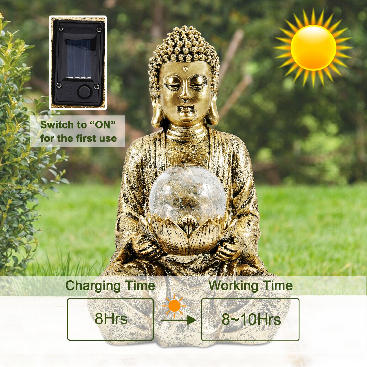 Nacome Meditating Buddha Statue with Solar Light,Zen Solar Garden Buddha with Cracked Glass Ball Sculpture-Indoor/Outdoor Decor for Balcony,Garden,Patio,Porch Yard Art Ornament,10.5 inch(Gold)