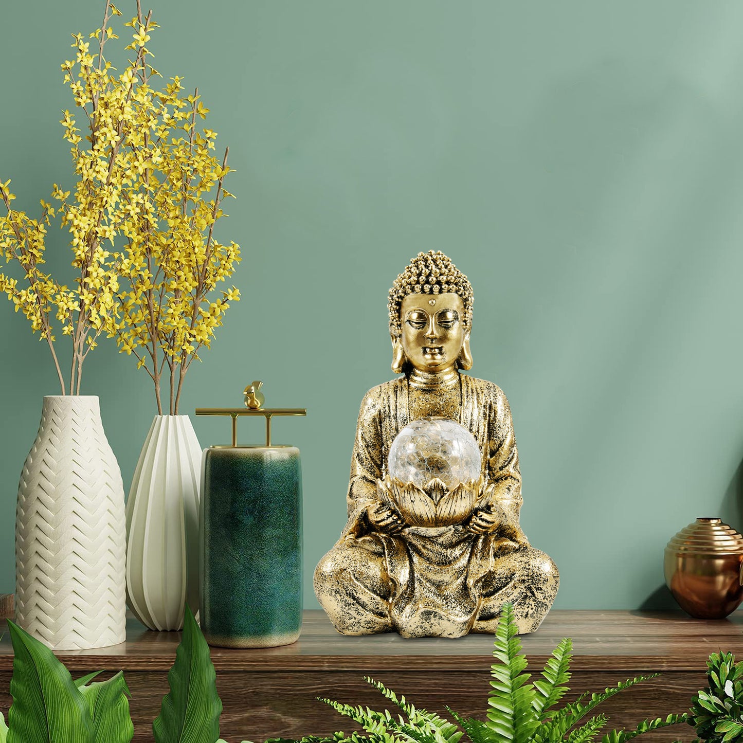 Nacome Meditating Buddha Statue with Solar Light,Zen Solar Garden Buddha with Cracked Glass Ball Sculpture-Indoor/Outdoor Decor for Balcony,Garden,Patio,Porch Yard Art Ornament,10.5 inch(Gold)