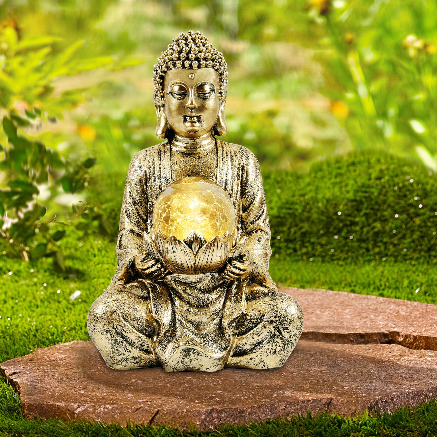 Nacome Meditating Buddha Statue with Solar Light,Zen Solar Garden Buddha with Cracked Glass Ball Sculpture-Indoor/Outdoor Decor for Balcony,Garden,Patio,Porch Yard Art Ornament,10.5 inch(Gold)