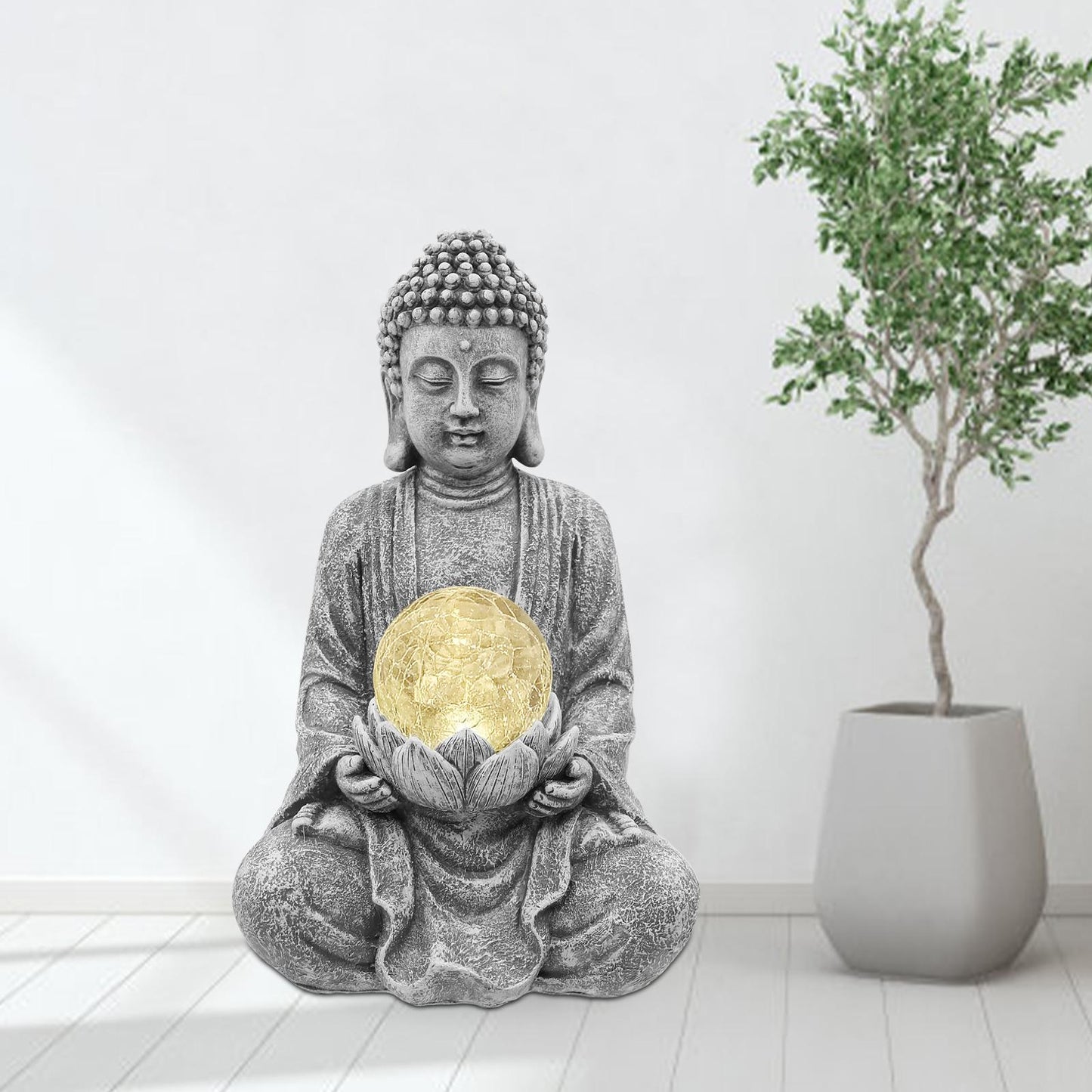 Nacome Meditating Buddha Statue with Solar Light,Zen Solar Garden Buddha with Cracked Glass Ball Sculpture-Indoor/Outdoor Decor for Balcony,Garden,Patio,Porch Yard Art Ornament,Gift