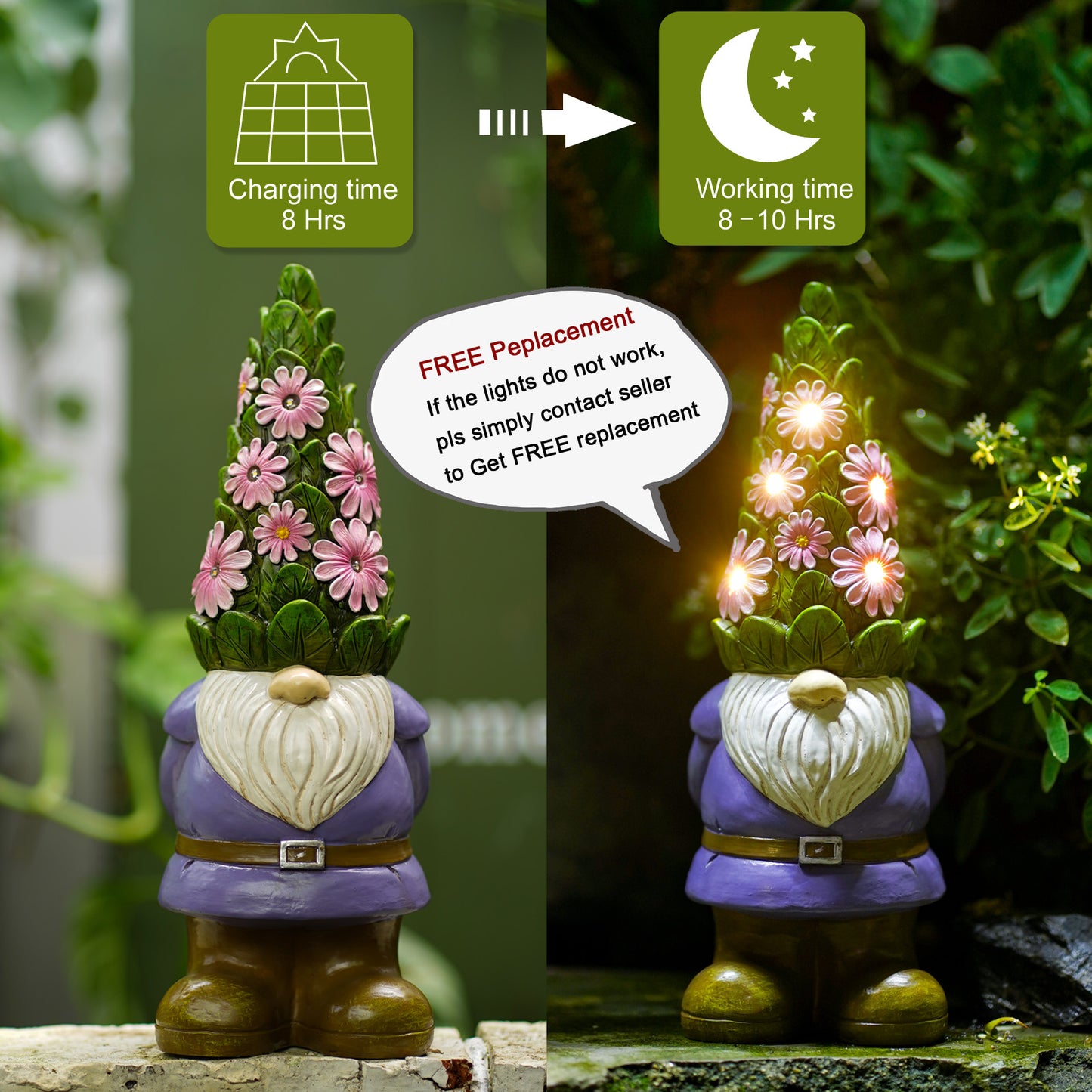 Nacome Solar Garden Outdoor Statues Gnome with Succulent and 7 LED Lights - Lawn Decor Statue for Patio, Balcony, Yard Ornament - Unique Housewarming Gifts