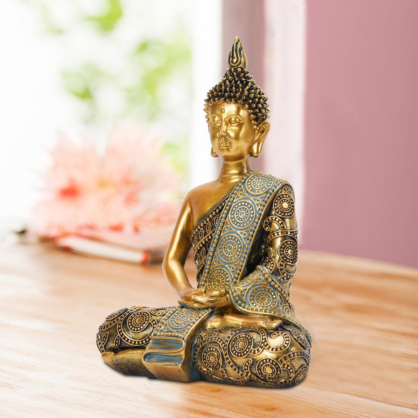 Nacome Meditating Seated Thai Buddha Statue Praying Collectibles Figurines,Zen Garden Buddha Sculpture-Indoor/Outdoor Decor for Home,Porch Yard Art Decoration,polyresin,Gold Buddah,Gift