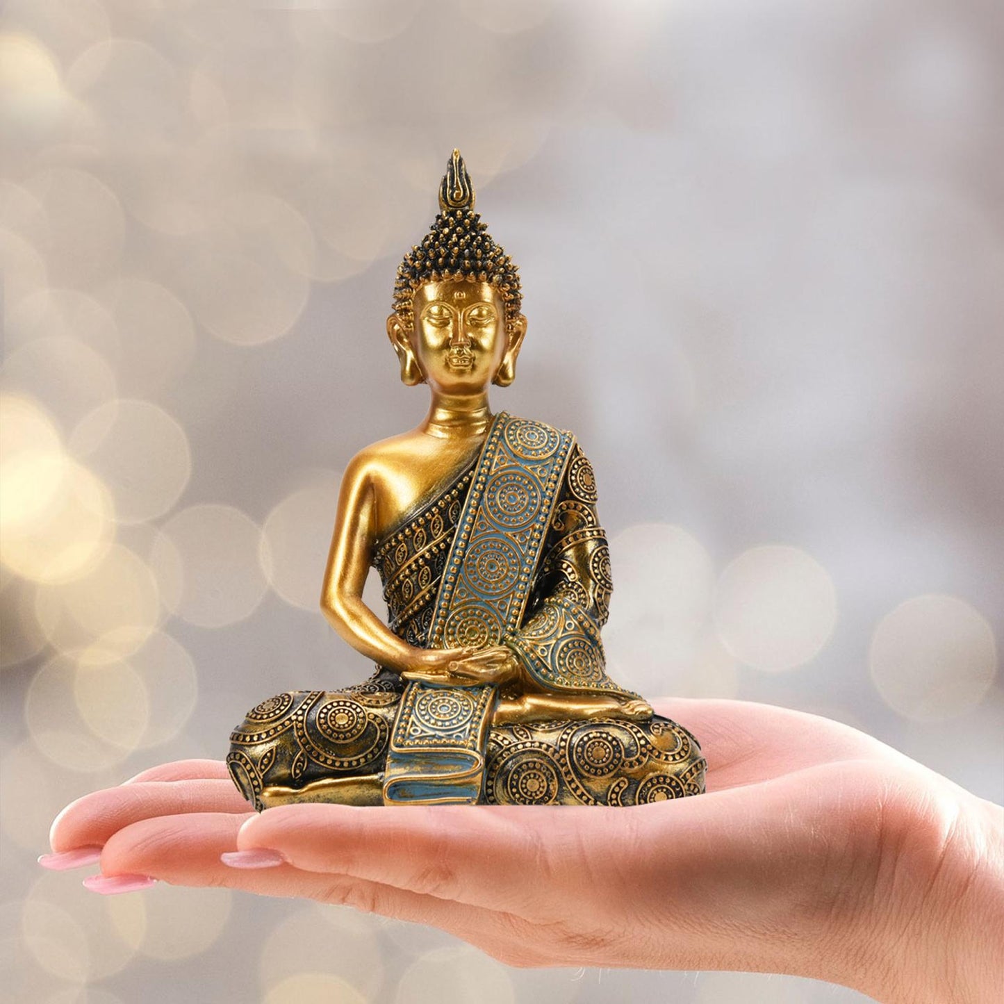 Nacome Meditating Seated Thai Buddha Statue Praying Collectibles Figurines,Zen Garden Buddha Sculpture-Indoor/Outdoor Decor for Home,Porch Yard Art Decoration,polyresin,Gold Buddah,Gift