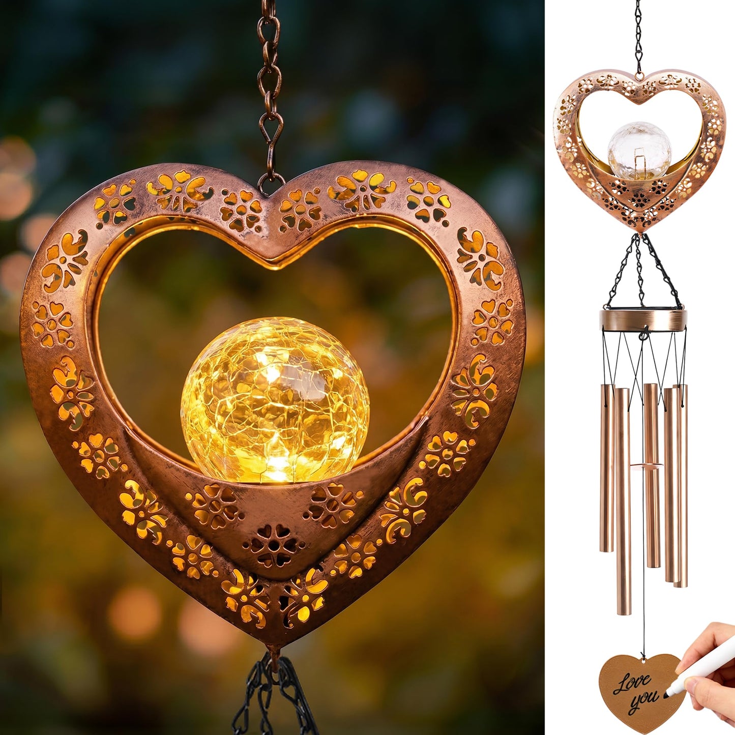 Nacome 39" Large Heart Solar Wind Chimes for Outside, Metal Garden Decor
