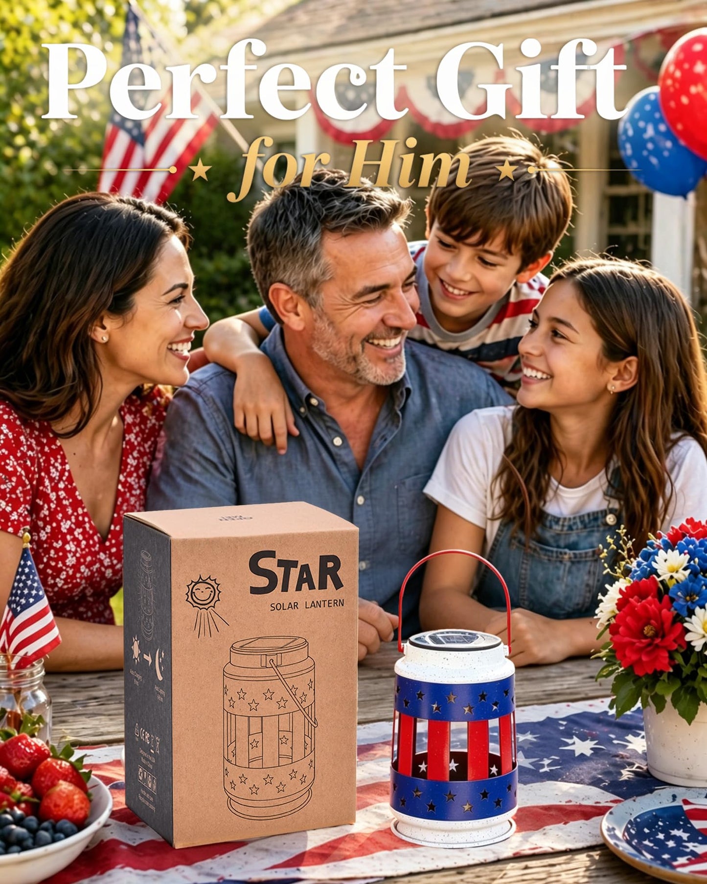 Nacome Patriotic Hanging Solar Lantern Outdoor: Red White Blue Lights