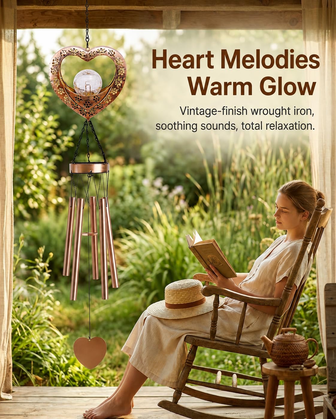 Nacome 39" Large Heart Solar Wind Chimes for Outside, Metal Garden Decor