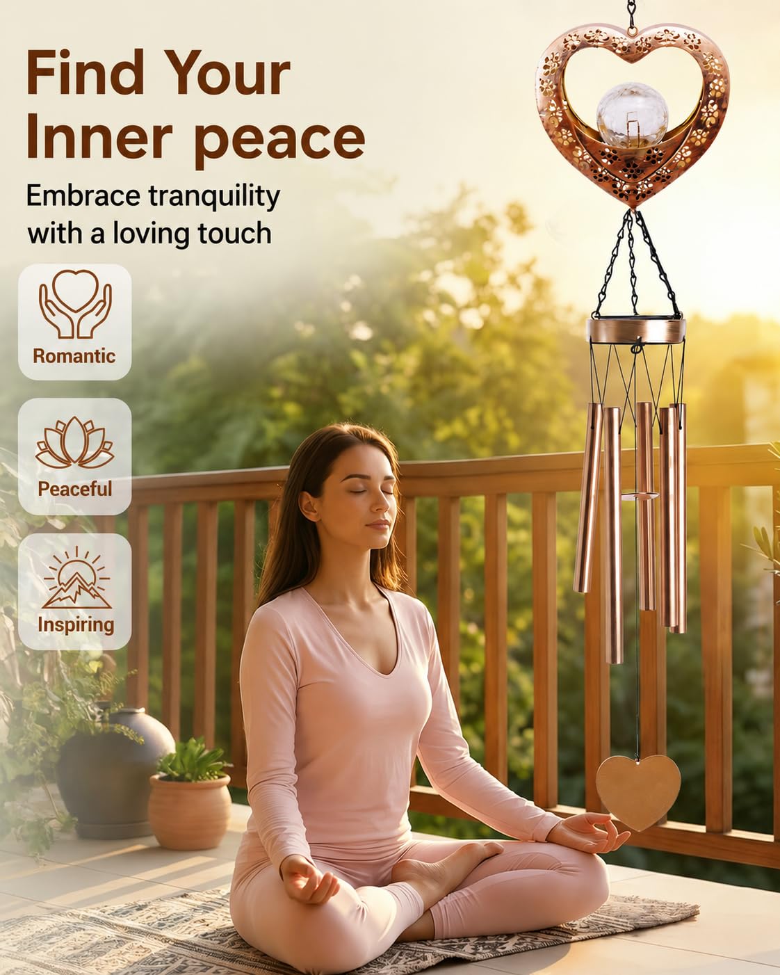 Nacome 39" Large Heart Solar Wind Chimes for Outside, Metal Garden Decor