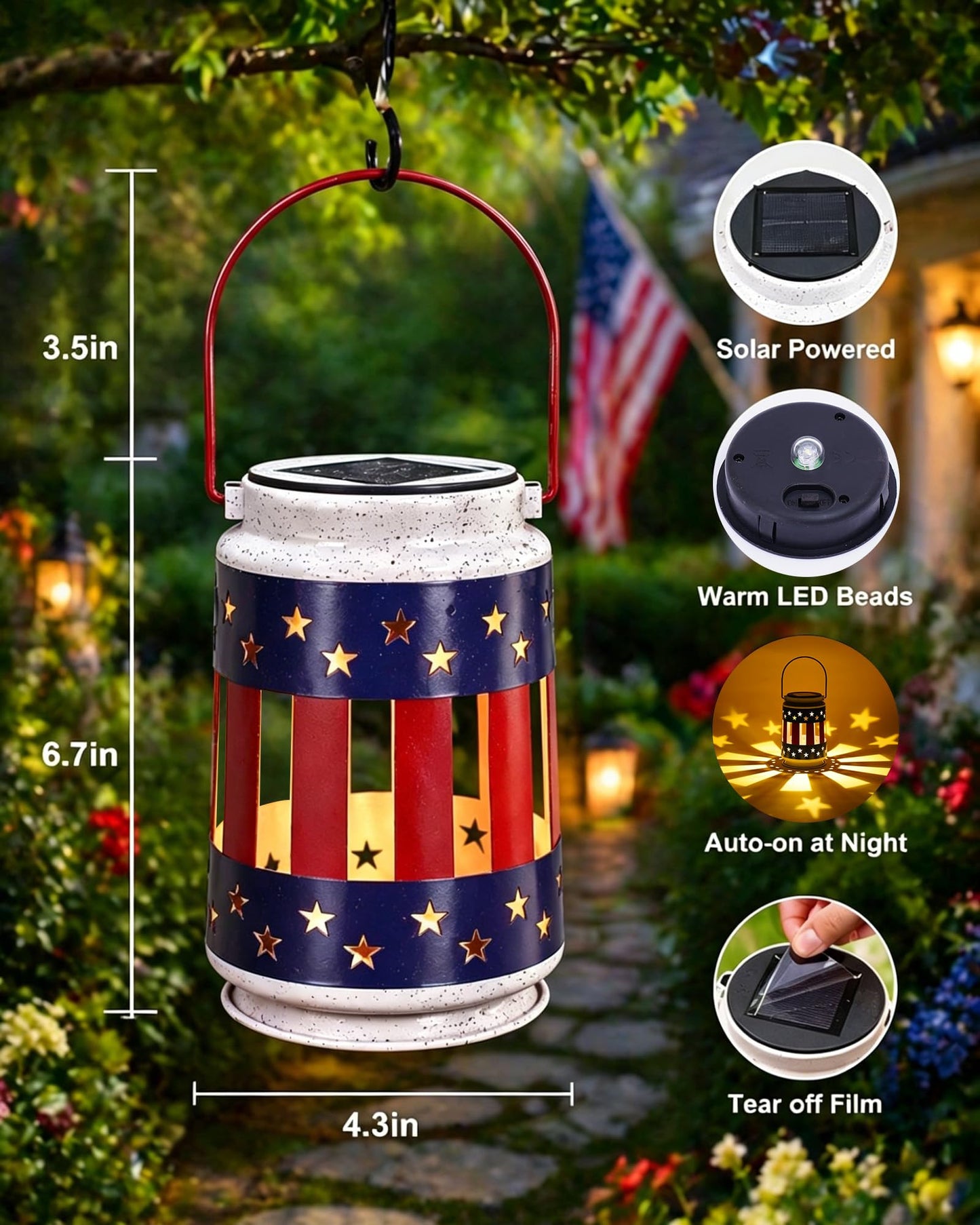 Nacome Patriotic Hanging Solar Lantern Outdoor: Red White Blue Lights