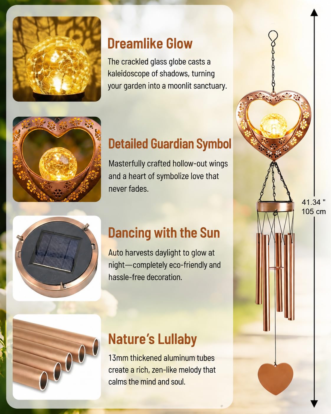 Nacome 39" Large Heart Solar Wind Chimes for Outside, Metal Garden Decor