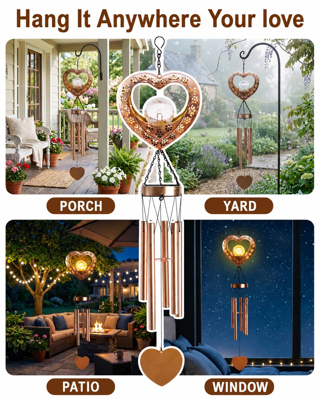 Nacome 39" Large Heart Solar Wind Chimes for Outside, Metal Garden Decor
