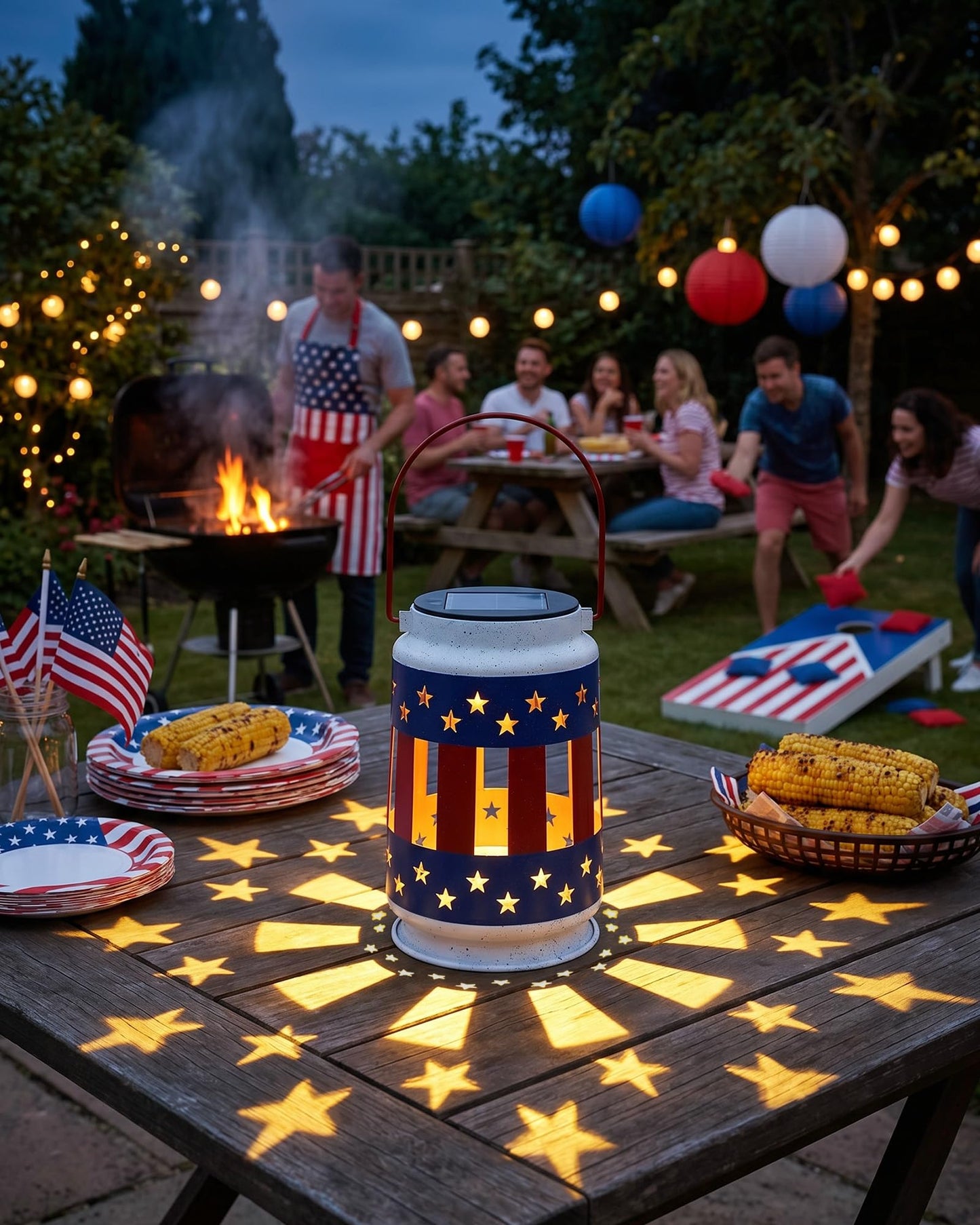 Nacome Patriotic Hanging Solar Lantern Outdoor: Red White Blue Lights