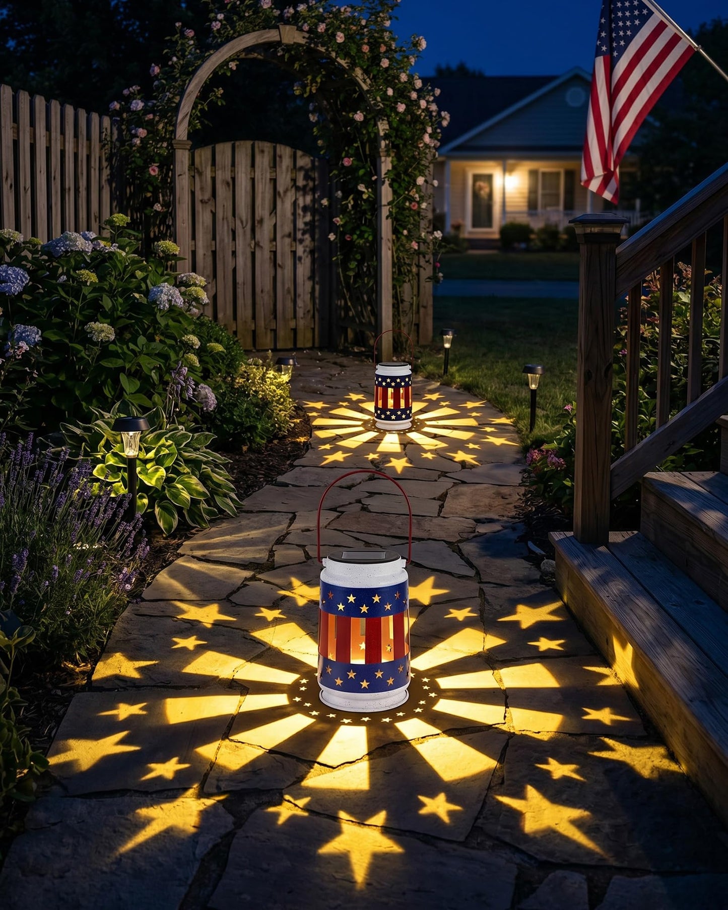 Nacome Patriotic Hanging Solar Lantern Outdoor: Red White Blue Lights